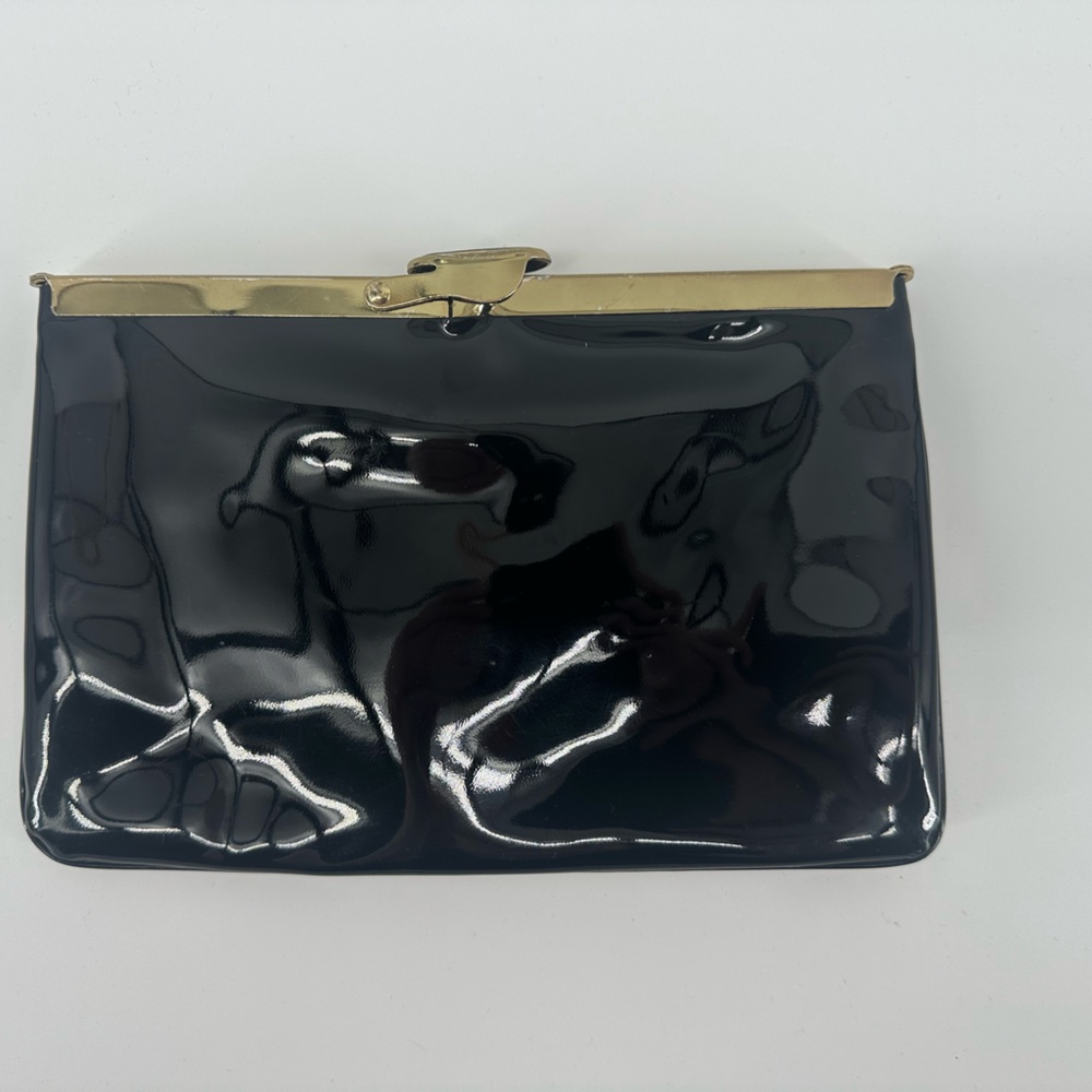Vintage Chic Black Patent Clutch with Gold Trim